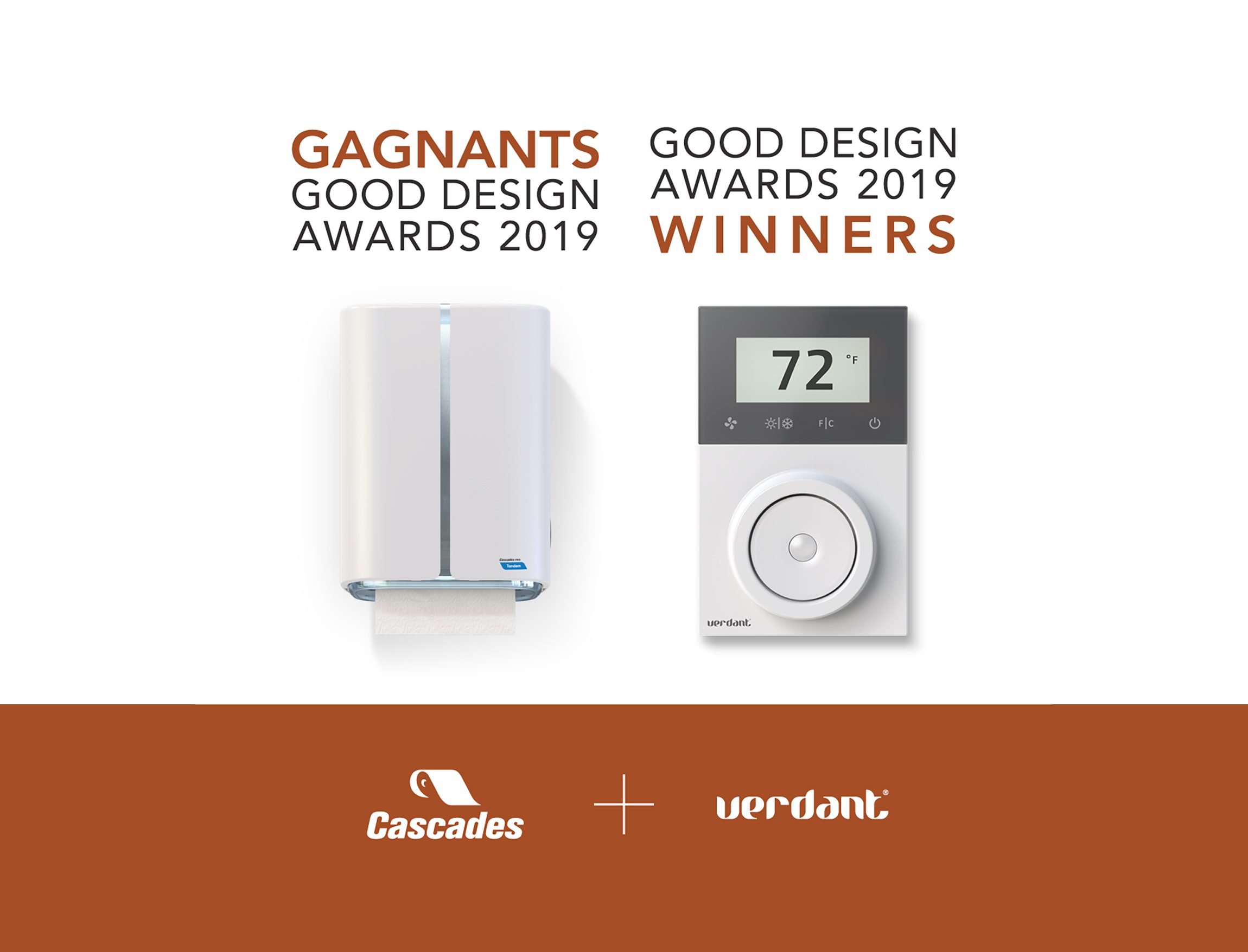 Image showing a paper towel dispenser and a digital thermostat with Gagnants Good Design Awards 2019 and Good Design Awards 2019 Winners. Cascades and Verdant logos are at the bottom, featuring an Agence de développement de produits au Canada.