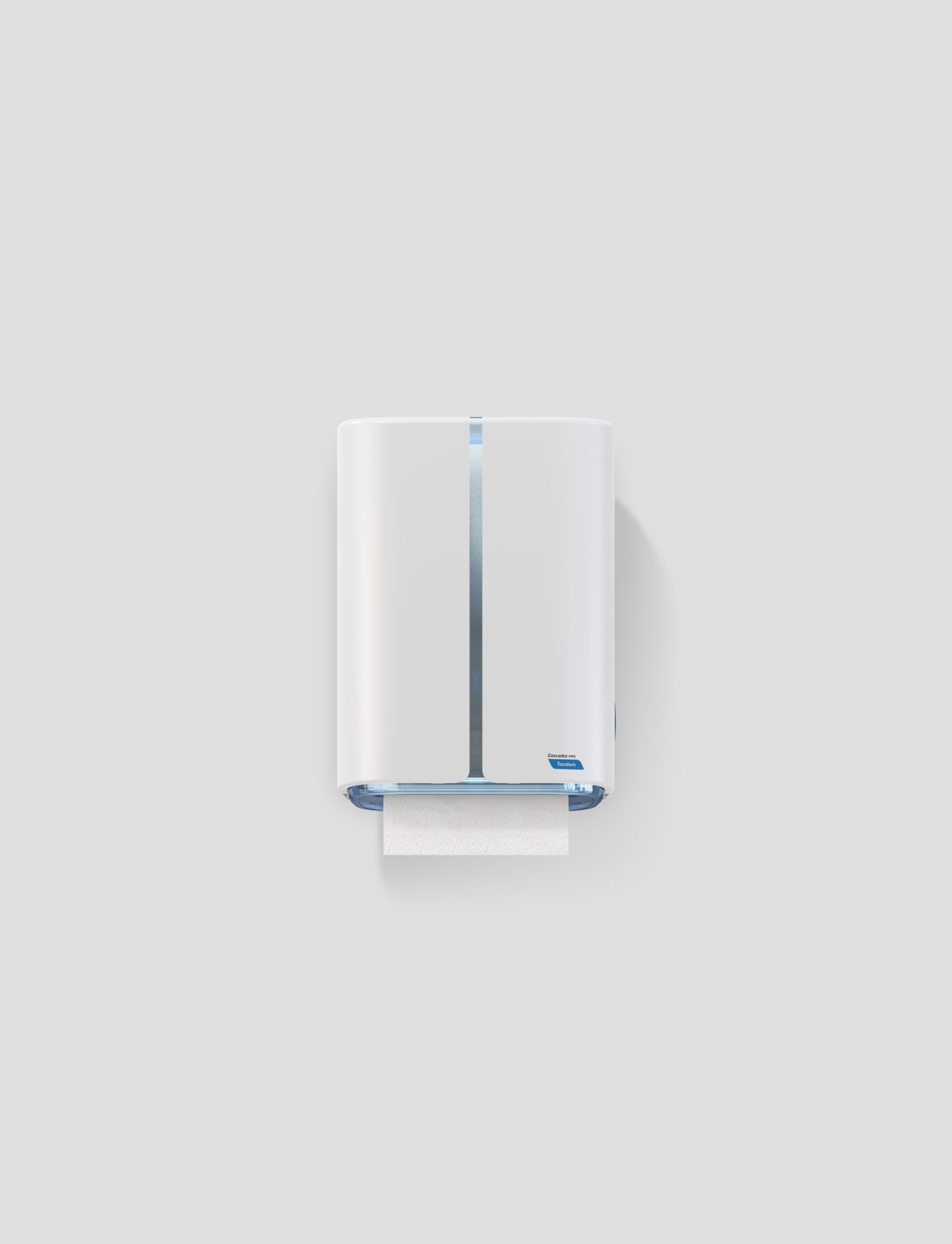 Distributeur mural d'essuie-tout blanc avec une seule feuille suspendue, conçu par une agence de design industriel à Montréal, sur un fond gris clair uni.