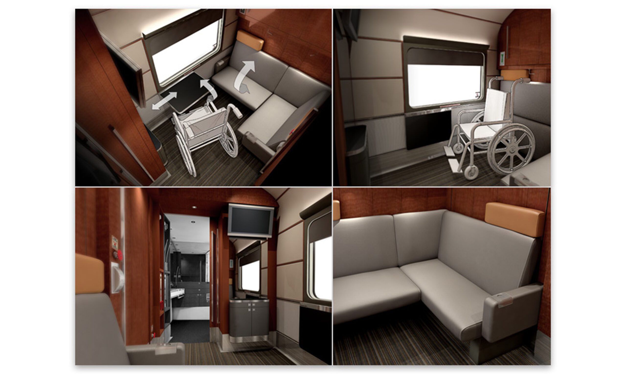 Four images show an accessible train cabin designed with a Stratégie de design au Québec: a wheelchair user transferring to a fold-out bed, a wheelchair by the window, an accessible restroom, and gray upholstered bench seating.