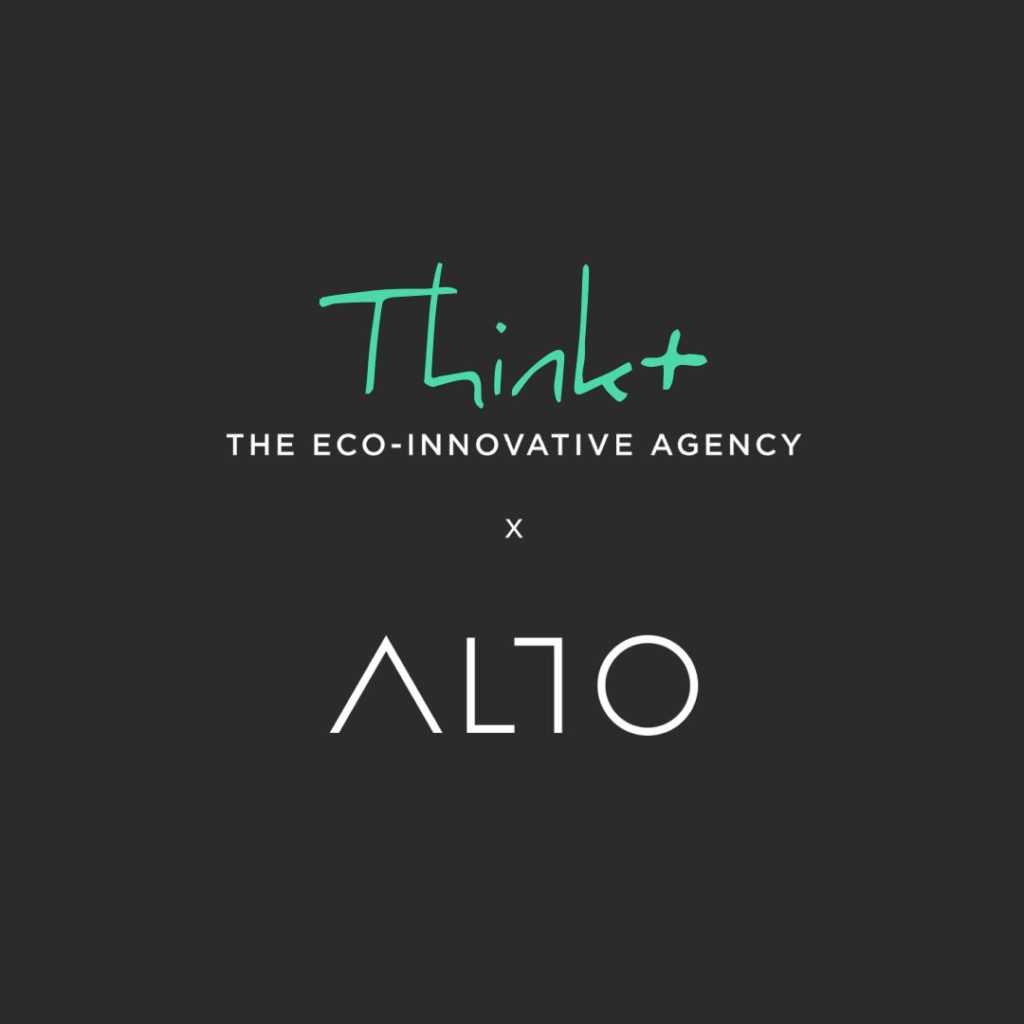 Logo for Think+, labeled The Eco-Innovative Agency, above the ALTO logo on a dark background, with a small x between them—signifying collaboration between two leaders: an agence de développement de produits à Montréal and ALTO.