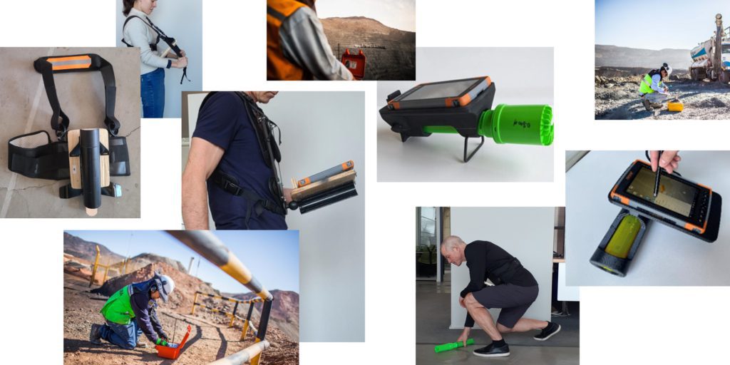 Un collage montre des personnes utilisant un appareil portatif de balayage du sol, semblable à une tablette, dans différents contextes ; des gros plans mettent en évidence ses caractéristiques, notamment un capteur vert - une innovation mise au point par une agence d'ingénierie mécanique à Montréal.