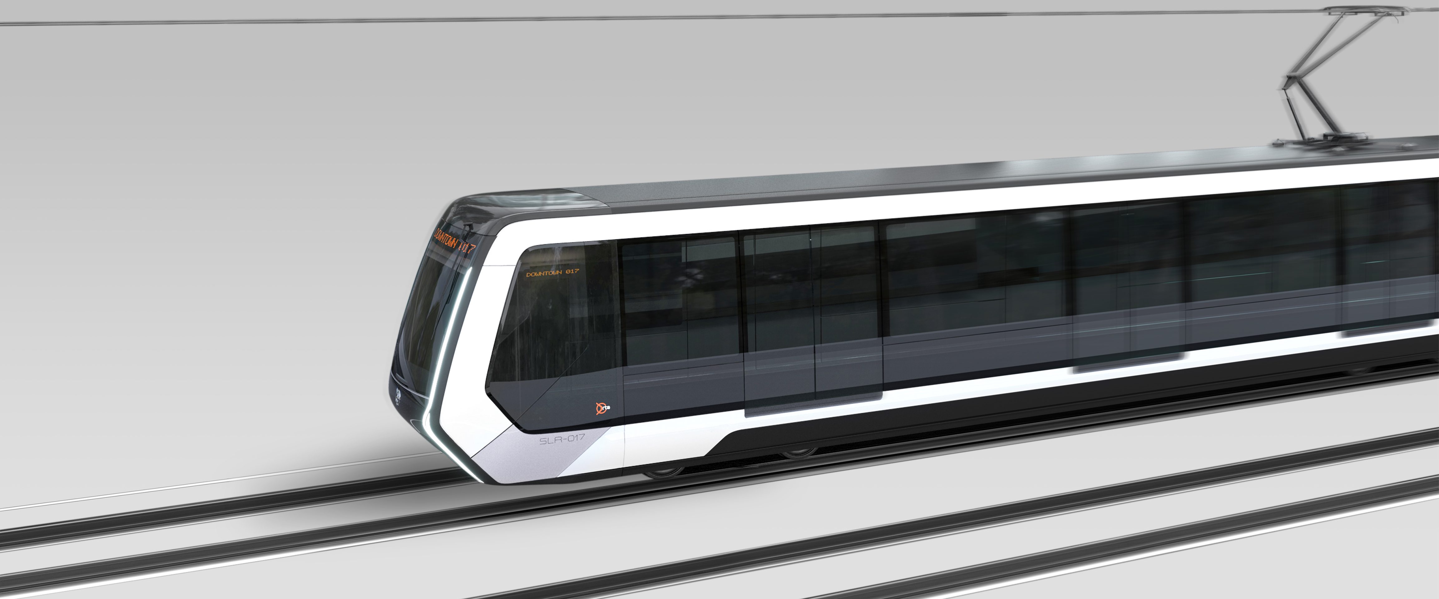 Un train léger moderne et élégant, doté de grandes fenêtres, circule sur des voies sous des fils électriques aériens, sur un fond gris uni, illustrant la stratégie de design au Québec en matière de transport public innovant.