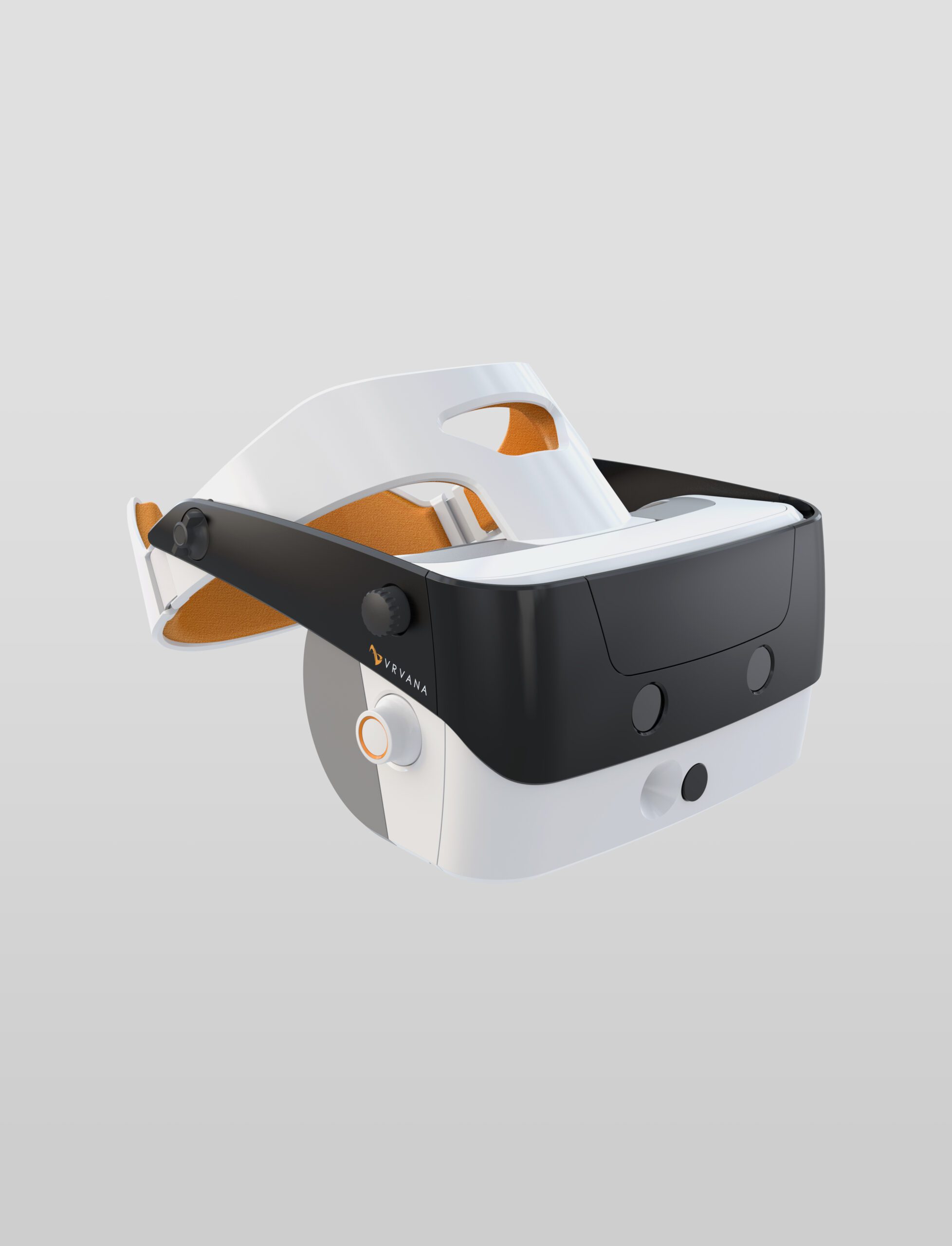 Un casque de réalité virtuelle moderne avec un design blanc et noir, une sangle réglable, des coussins et une surface de lentille - reflétant la Stratégie de design au Québec - présenté sur un fond gris clair uni.
